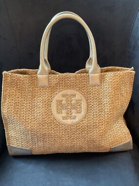 Tory Burch Tan Raffia Tote with Silver Leather Trim